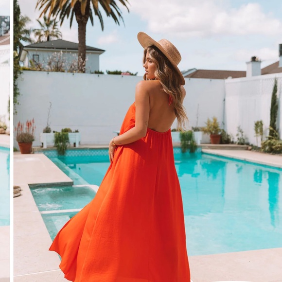 NWT Vici MIREYA SATIN HALTER MAXI DRESS - CORAL RED - Picture 4 of 4